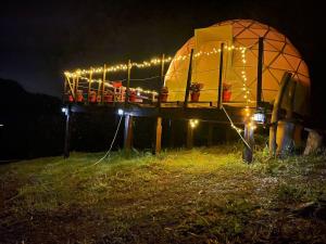 a round house with lights on a field at night at Glamping el Porvenir RNT 10601 in Manta