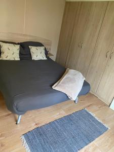 a bed in a room with a blue rug at DaisyChain 2 Getaways - The perfect place to Stay - Play - Getaway in East Mersea