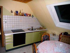 eine Küche mit Spüle, Herd und Tisch in der Unterkunft Ferienappartement Obrigheim in Mosbach
