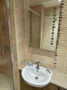 a bathroom with a sink and a shower and a mirror at The Barrington Arms Hotel in Shrivenham