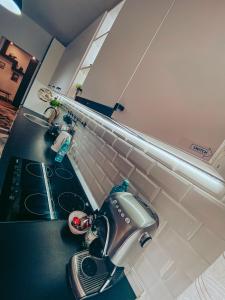 a kitchen counter with a sewing machine on a counter top at Apartment One Brasov in Braşov