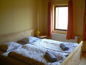 una camera da letto con un letto con due cuscini e una finestra di Horská chalupa Bílá Desná a Desná