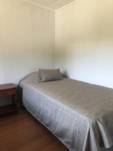 um pequeno quarto com uma cama e uma mesa de cabeceira em Hospedaje Irma Backpackers em Pucón