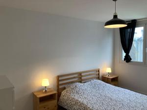 a bedroom with a bed and two tables with lamps at Appartement spacieux hyper centre Secteur Liberté in Brest