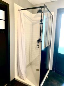 a shower with a white shower curtain in a bathroom at Studio Muret atypique in Muret