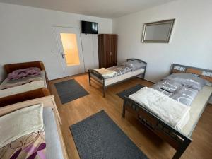 a room with three beds and a tv in it at Elbe Villa Magdeburg in Magdeburg