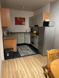eine Küche mit Küchengeräten aus Edelstahl und Holzböden in der Unterkunft Apartment 22 in Kirchhain