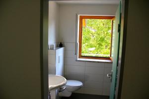 a bathroom with a toilet and a window at Ferienwohnung Blütenweg Kluftern in Friedrichshafen +28 photos