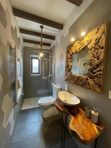 a bathroom with a toilet and a sink and a mirror at Las Gavias in Matapozuelos