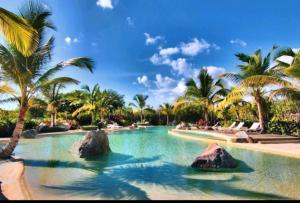 - une piscine avec des rochers dans l'eau et des palmiers dans l'établissement Mareluna RD, à La Laguna