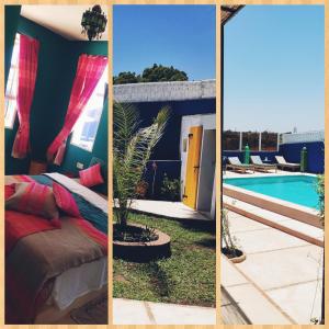 un collage de trois photos d'une chambre et d'une piscine dans l'établissement Villa aloe vera, à Essaouira