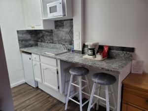 a kitchen with a sink and a counter top at Pines Motel in Sicamous