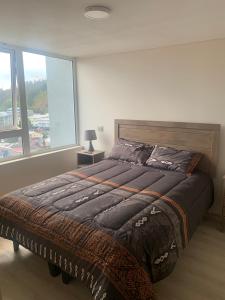 a bedroom with a large bed with a large window at Piso 13 Concepcion in Concepción