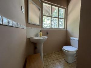 uma casa de banho com um lavatório, um WC e uma janela. em Casa Capirona 1 - Laguna Azul em Tarapoto