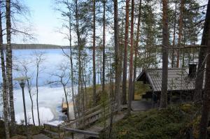a cabin in the woods with a view of a lake at Turjanlinna in Rantasalmi