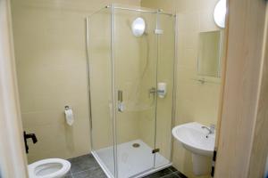 a bathroom with a shower and a toilet and a sink at Wellness hotel Mestská plaváreň in Trebišov