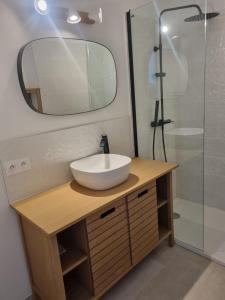 ein Badezimmer mit einem weißen Waschbecken und einer Dusche in der Unterkunft Superbe Studio Rénové les pieds dans l'eau! in Marseillan