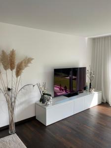 a living room with a tv on a white cabinet at Gemütliche Villa am Waldrand in Taunusstein in Taunusstein