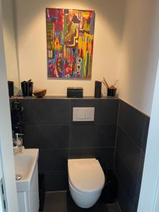 a bathroom with a toilet and a painting on the wall at Gemütliche Villa am Waldrand in Taunusstein in Taunusstein +18 photos