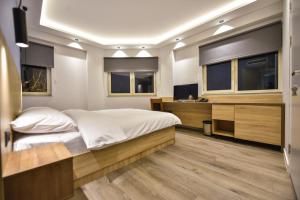 a bedroom with a large bed and a television at Baron Boutique Hotel Yerevan in Yerevan