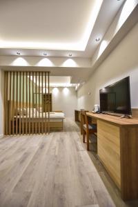 a room with a bed and a desk with a television at Baron Boutique Hotel Yerevan in Yerevan