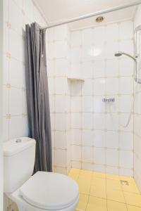 uma casa de banho com um WC e um chuveiro em Hello Zeeland - Appartement Beatrixstraat 27 em Domburg