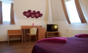 a bedroom with a desk and a table with a tv at Hotel Vier Löwen in Traben-Trarbach