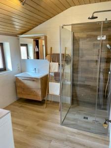 W łazience znajduje się prysznic i umywalka. w obiekcie Kleines Häuschen mit Bergblick w mieście Eschenlohe