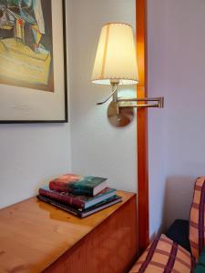 una lampada seduta sopra un tavolo con libri di Apartamento con maravillosas vistas al lado de la estación a Panticosa