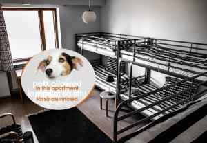 ein Hundeplakat in einem Zimmer mit Etagenbetten in der Unterkunft Säynätsalo Town Hall in Säynätsalo