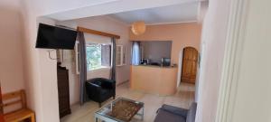 a living room with a couch and a tv in a room at Anemona Apartments and Studios in Vasilikos