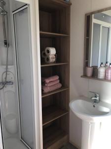 a bathroom with a shower and a sink at Lovely 3-Bed Caravan with Hot Tub in Lincolnshire in Lincoln