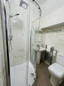 uma casa de banho com um chuveiro, um WC e um lavatório. em ATZ&H Inn em Luton