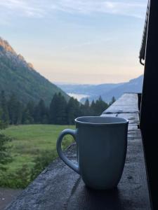 una tazza di caffè blu seduta su un cornicione con vista di Apartment Entspannung - mitten im Ski- und Wandergebiet Spitzingsee a Schliersee