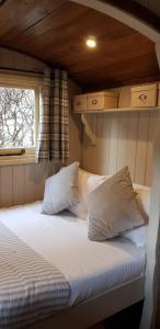 uma cama com duas almofadas num quarto com uma janela em Elmdale Hut - Shepherds Hut em Yatton