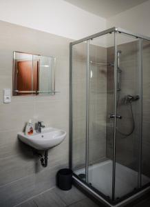 a bathroom with a glass shower and a sink at Pension U Jakuba in Olomouc