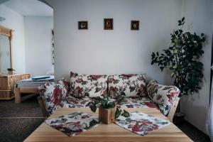 ein Wohnzimmer mit einem Sofa und einem Tisch in der Unterkunft Międzynarodowe Schronisko Młodzieżowe PTSM Szarotka in Zakopane