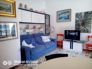 a living room with a blue couch and a tv at MONTEROSSO...A DUE PASSI DAL MARE in Monterosso al Mare