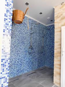 a bathroom with a shower with blue tiles at Vándor Vendégház in Baja