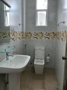 a bathroom with a sink and a toilet and a mirror at New 2 bedroom apartment, 100m away from the beach in Dehiwala