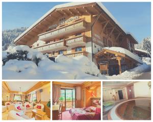 a series of photos of a snow covered ski resort at Hotel les Sapins in La Clusaz