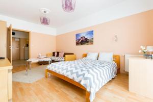 a bedroom with a bed and a living room at Free private parking Acacia city center apartment in Budapest