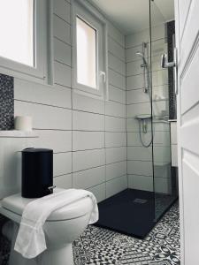 a bathroom with a toilet and a glass shower at le logis du port in Meschers-sur-Gironde