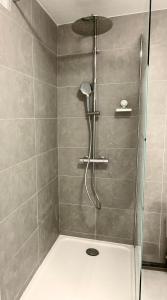 y baño con ducha y puerta de cristal. en Le Golf Balnéo - Cosy & SPA, en Saint-Étienne