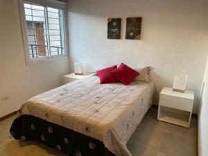 Un dormitorio con una cama con almohadas rojas. en Valle de Uco. Departamento 2 habitaciones 4 huéspedes. en Tunuyán