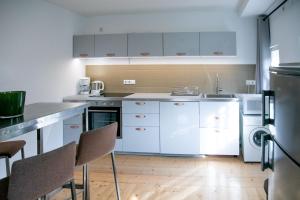 A kitchen or kitchenette at Family Wellhouse Green Garden direct in Salzburg, sunny big garden, up to 16 pax, bikes for free, BBQ, sunbeds, parking for free, 15 min sound of music