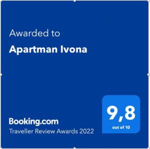 Certifikát, hodnocení, plakát nebo jiný dokument vystavený v ubytování Apartman Ivona