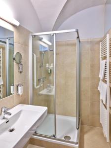 ein Bad mit einer Dusche und einem Waschbecken in der Unterkunft Stadthotel Schärding in Schärding