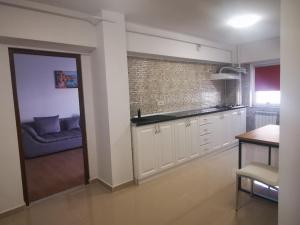 cocina con sofá azul en una habitación en Fabian Apart, en Tulcea