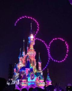 Un castello di Disneyland è illuminato di notte di Gîtes Poirier Bazin a Montry